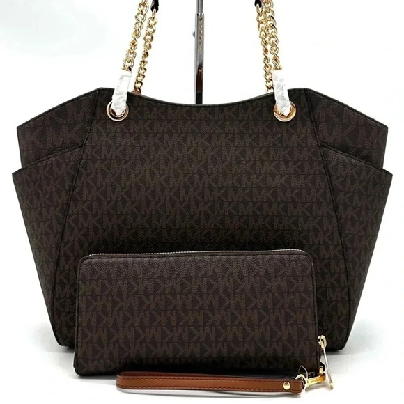 Michael Kors Large Jet Set Travel Chain Shoulder Bag & Continental Wallet Brown - Picture 6 of 15